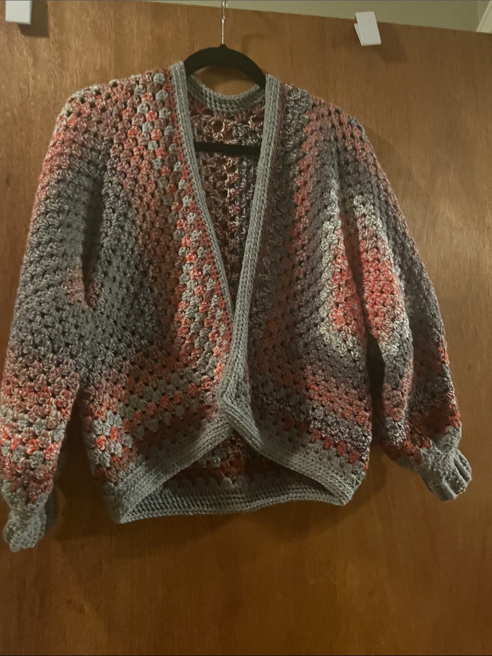 Gray and Coral Crochet Open-Front Cardigan Sweater